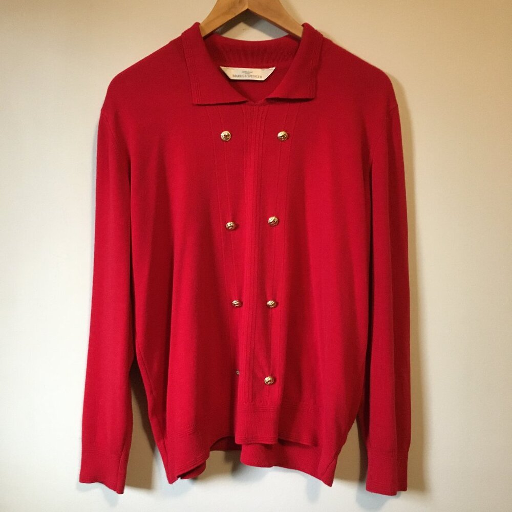 Preppy Academic Knit Candy Red Double Breasted Sweater - L